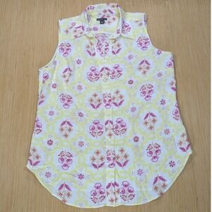 Ann Taylor Blouse Yellow Floral Button Down‎ Shirt Retro Casual Women's Medium